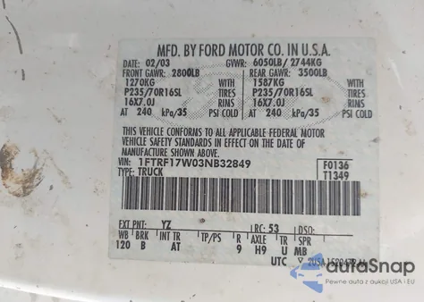 2003 Ford F-150 Xl/Xlt z USA, uszkodzony, nr VIN 1FTRF17W03NB32849